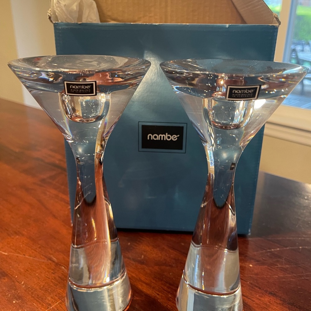 NIB Nambe Crystal Illume Candlesticks 8” Pair